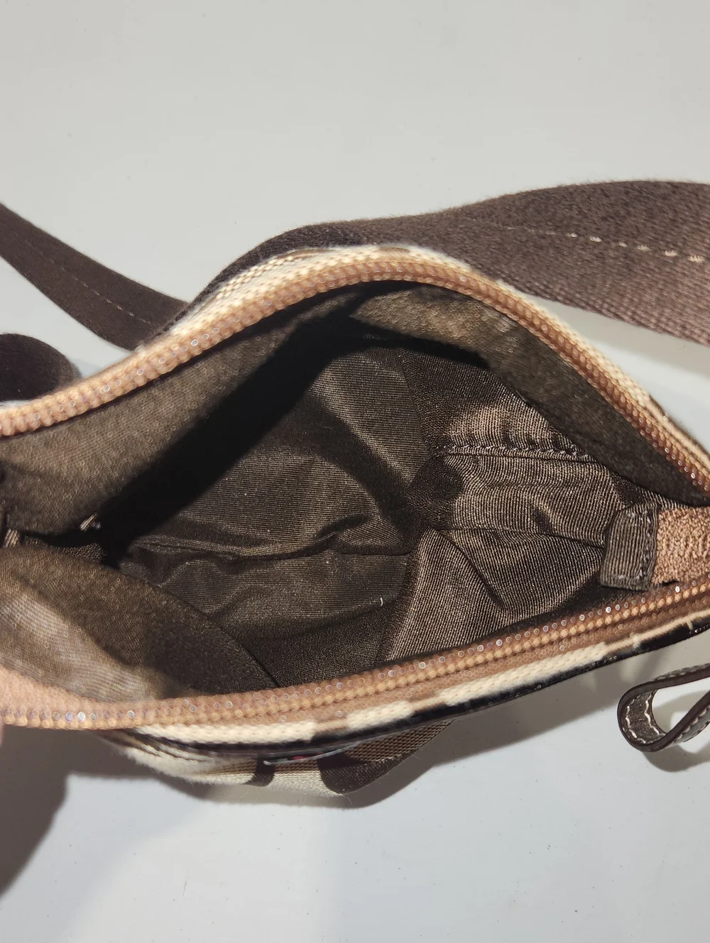 Coach Signature Print Stripe Swing Pack Crossbody Bag Khaki Tan